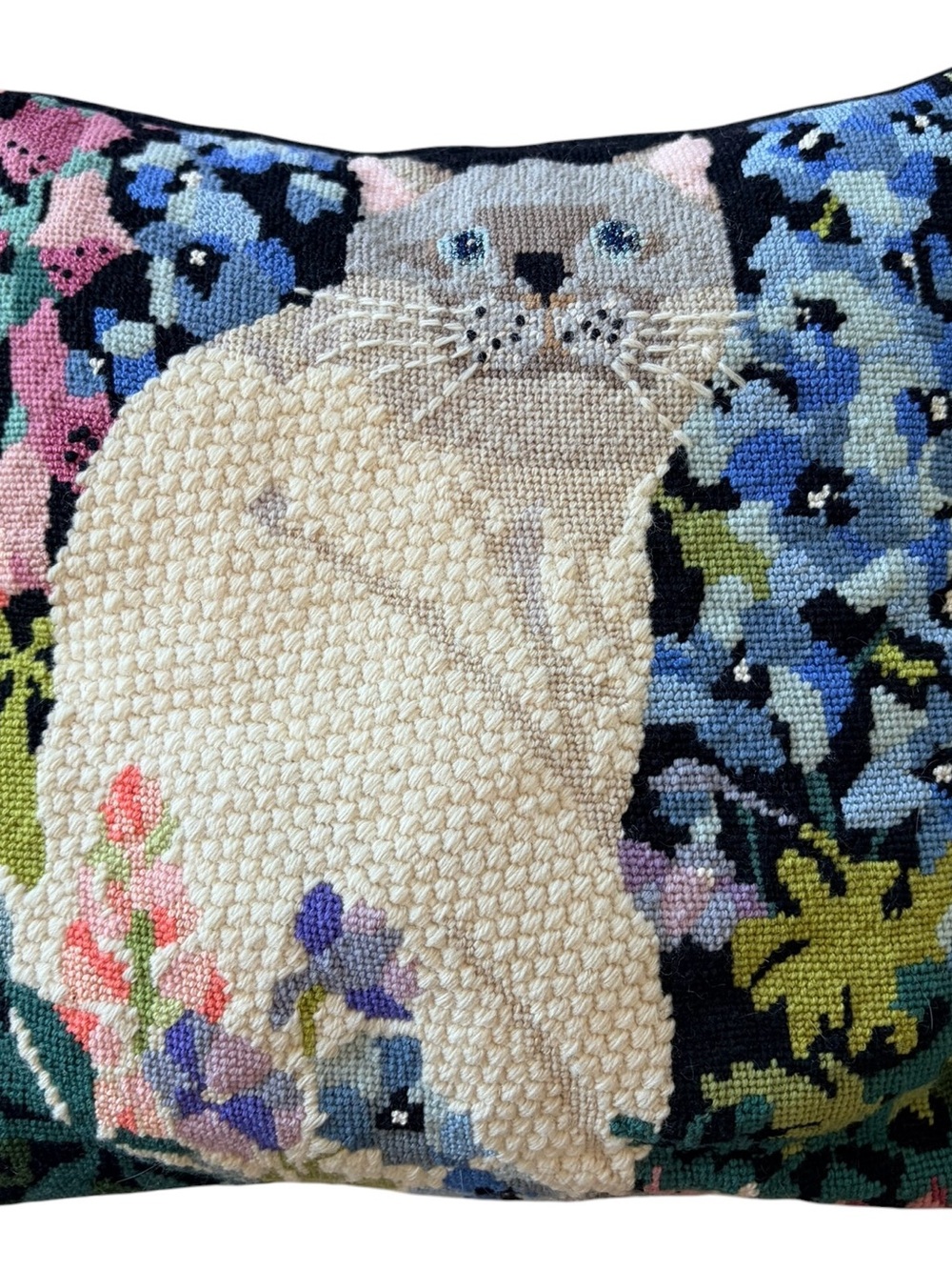 VTG handmade cat pillow needlepoint embroidery 12" square
